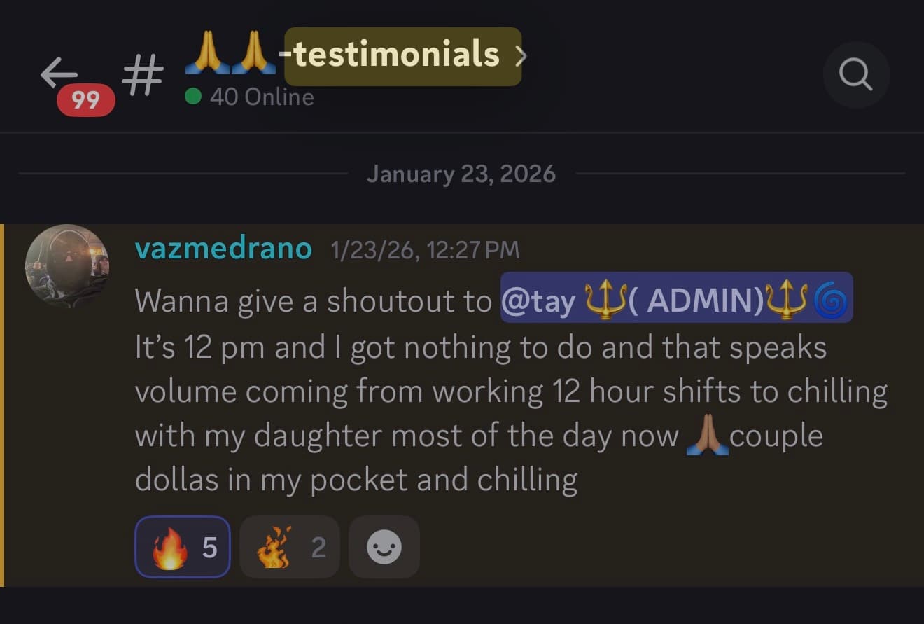 Discord message from vazmedrano: “Wanna give a shoutout to @tay. It's 12 pm and I got nothing to do and that speaks volume coming from working 12 hour shifts to chilling with my daughter most of the day now 🙏 couple dollas in my pocket and chilling”